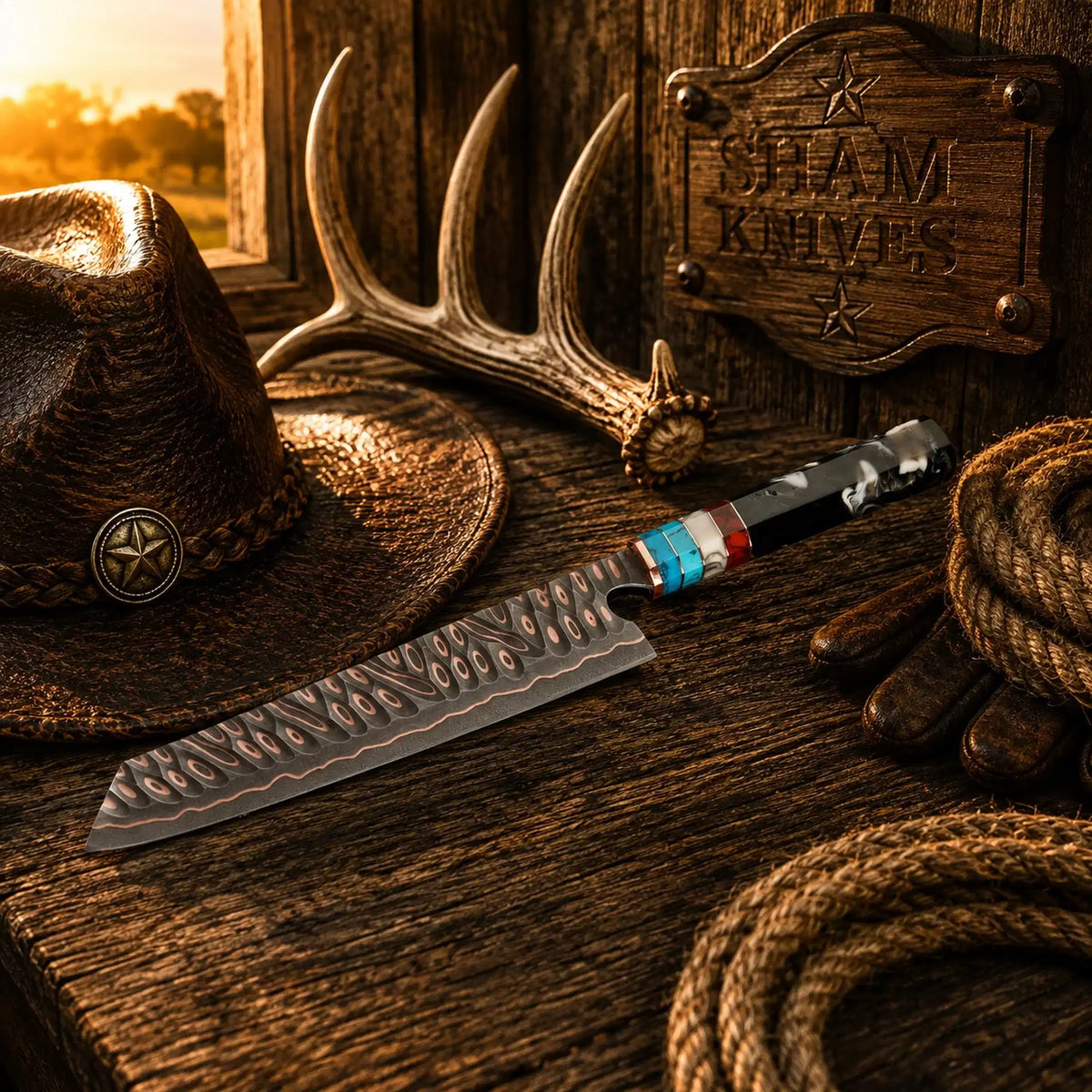 13″ Cu-Mai Copper Damascus Chef Knife – Octagonal Resin Handle
