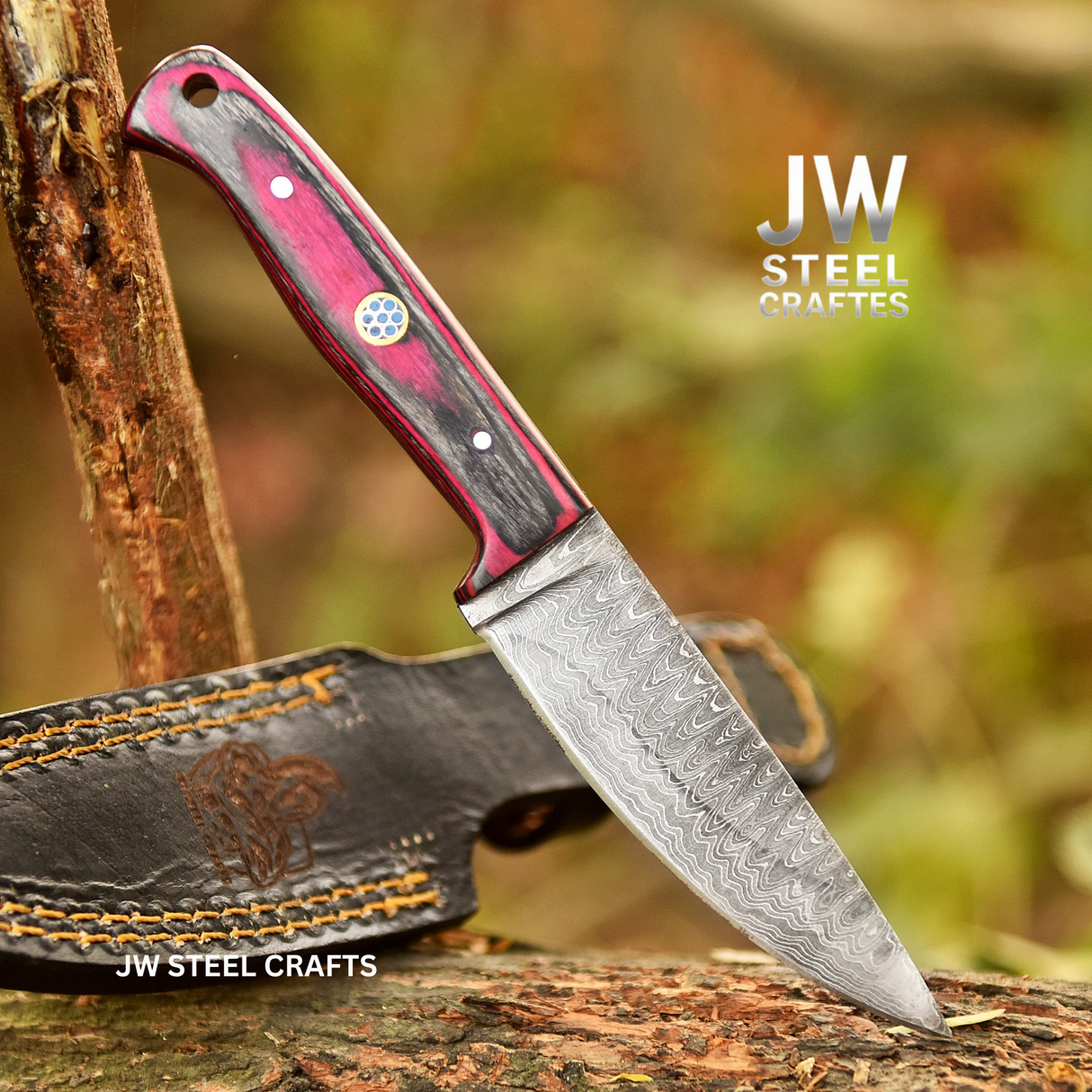 Twilight Resin Bushcraft Knife 8" Pink & Blue Pakka Wood Handle | JW SteelCrafts