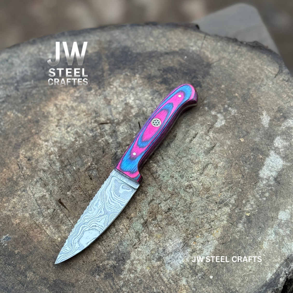 Twilight Resin Bushcraft Knife 8" Pink & Blue Pakka Wood Handle | JW SteelCrafts