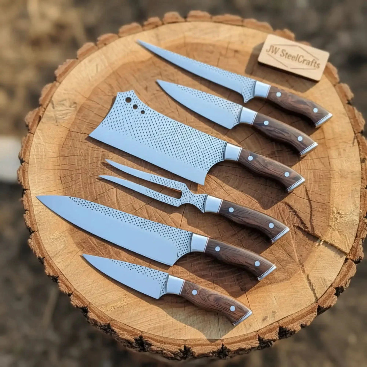 6-Piece Rasp Steel Kitchen Knife Set with Carving Fork Natural Wood Red Spacer Handles, Steel Bolsters, 7 to 13 Inch