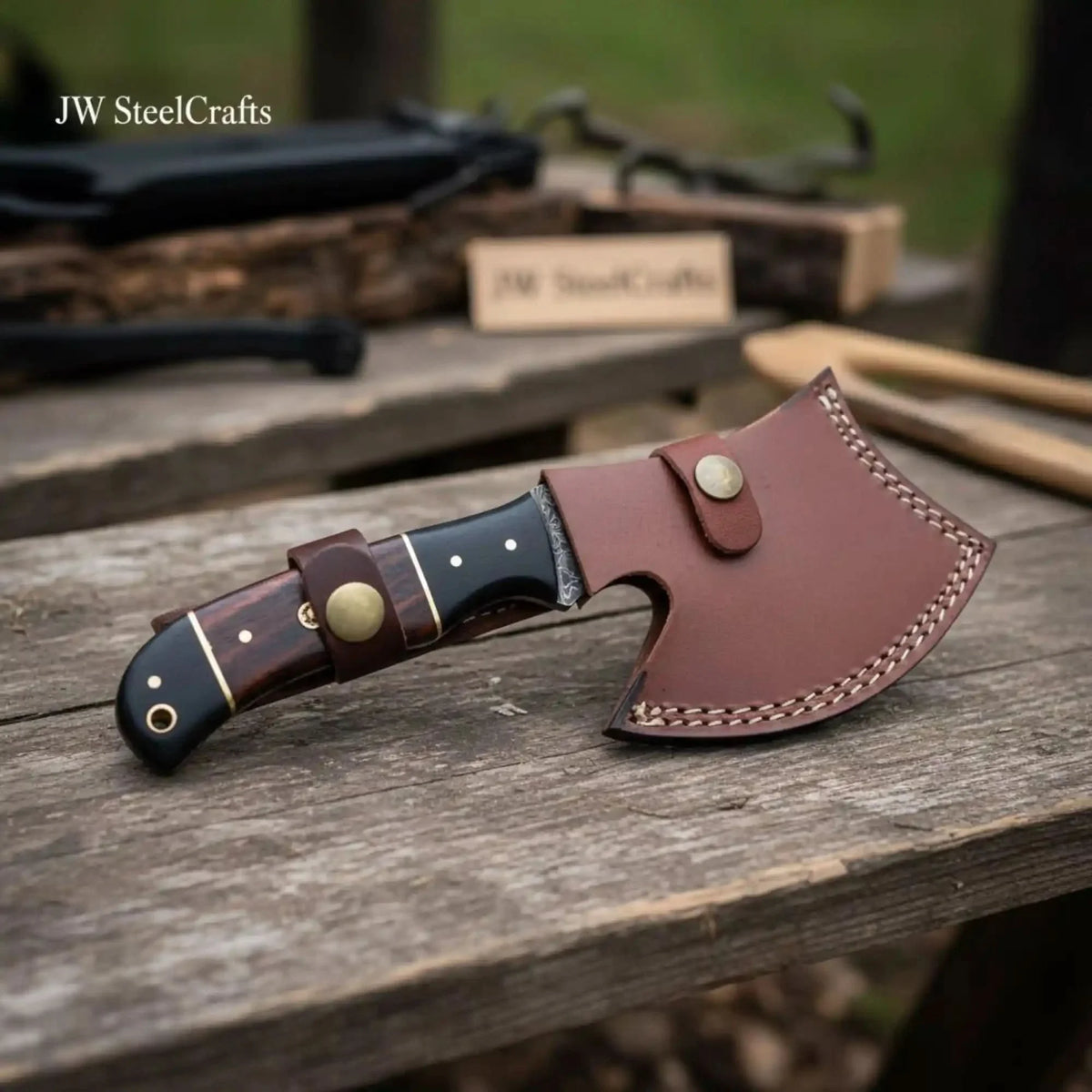 Kaelwyn Damascus Cleaver Hatchet with Layered Wood Scales