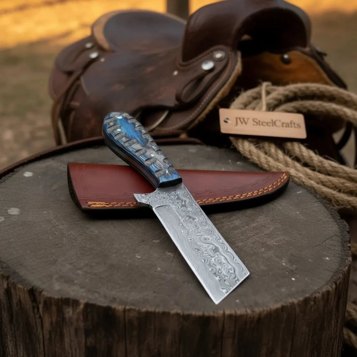 Western Bull Cutter Knife 7” Damascus Ranch Blade with Blue Stabilized Handle & Sheath