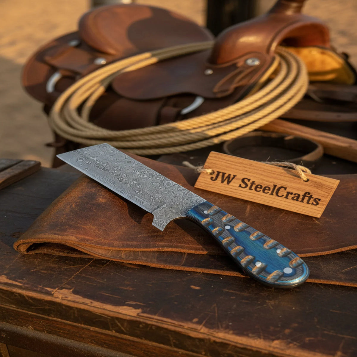 Western Bull Cutter Knife 7” Damascus Ranch Blade with Blue Stabilized Handle & Sheath