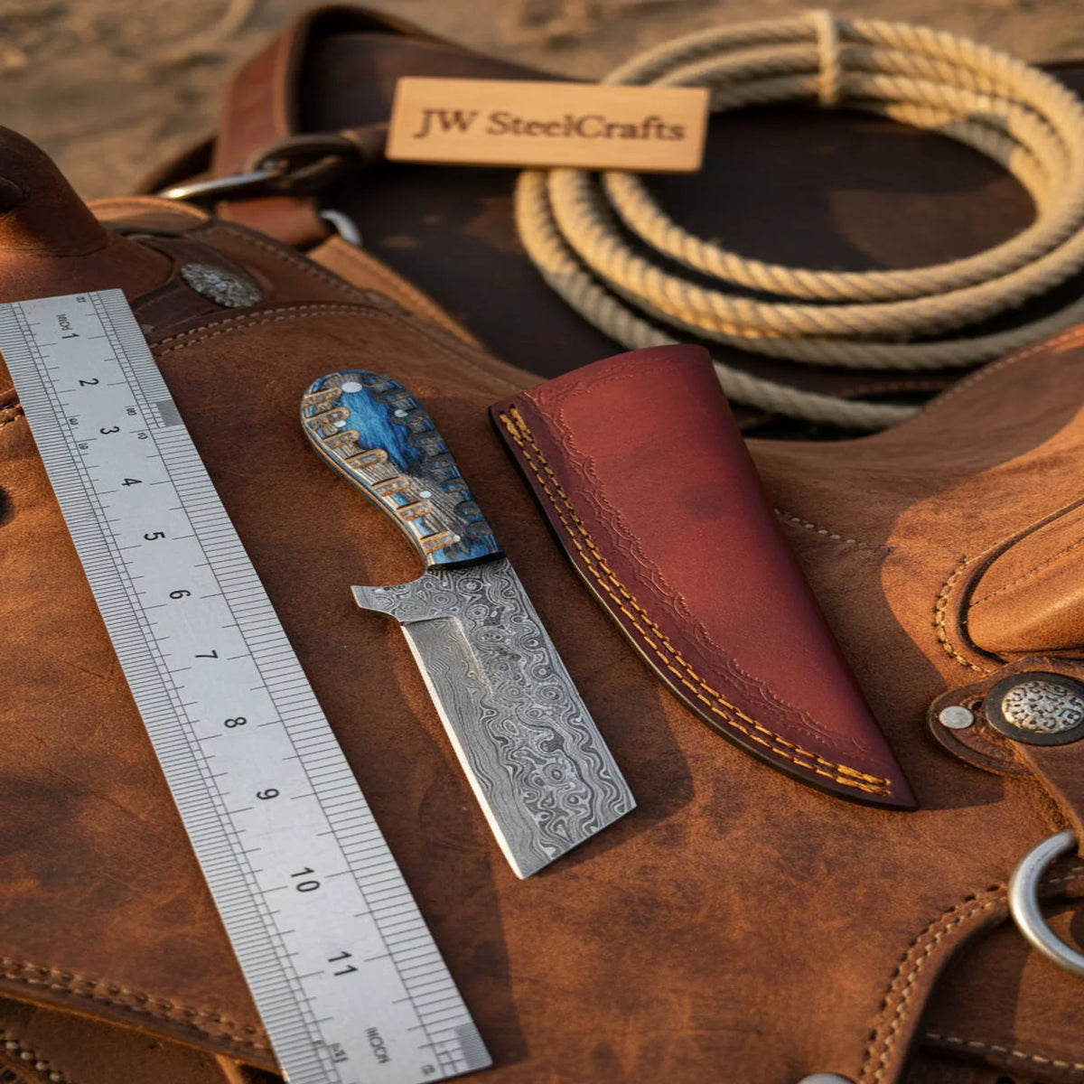 Western Bull Cutter Knife 7” Damascus Ranch Blade with Blue Stabilized Handle & Sheath