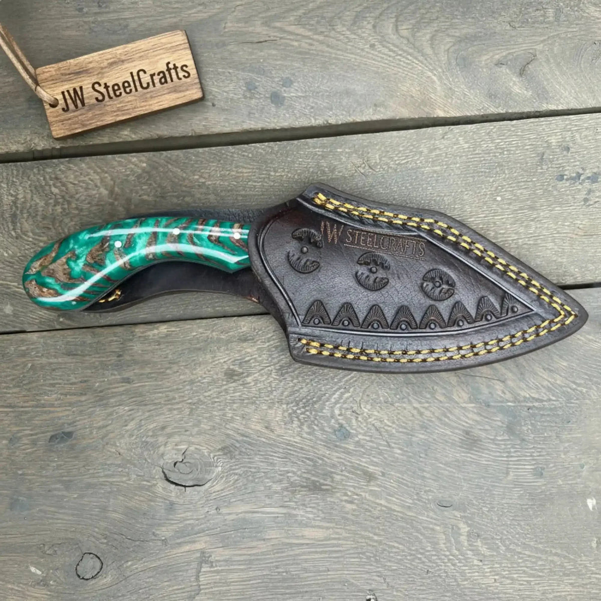 Handmade Skinner Knife with Green Pinecone Resin Handle