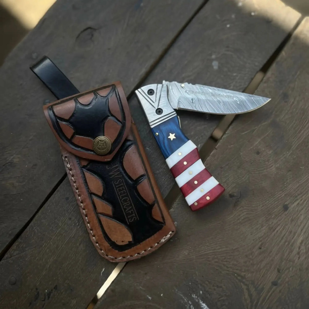 American Flag Damascus Folding Knife with Resin Handle