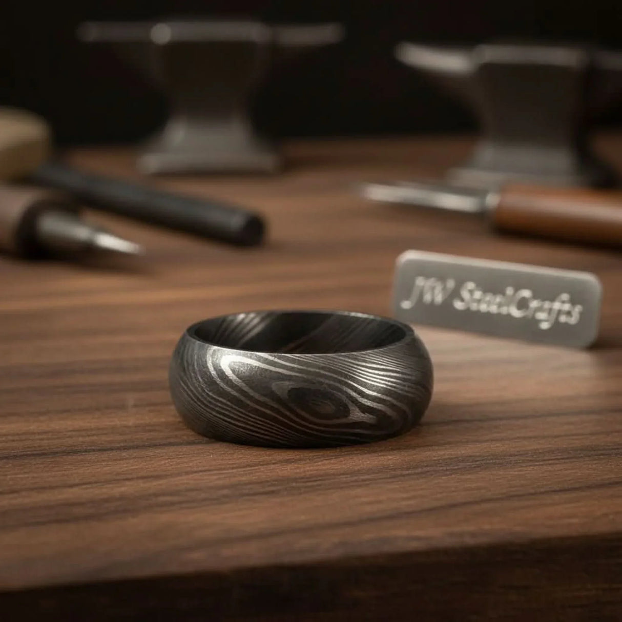 Domed Twist Damascus Wedding Band with Diagonal Spiral Pattern