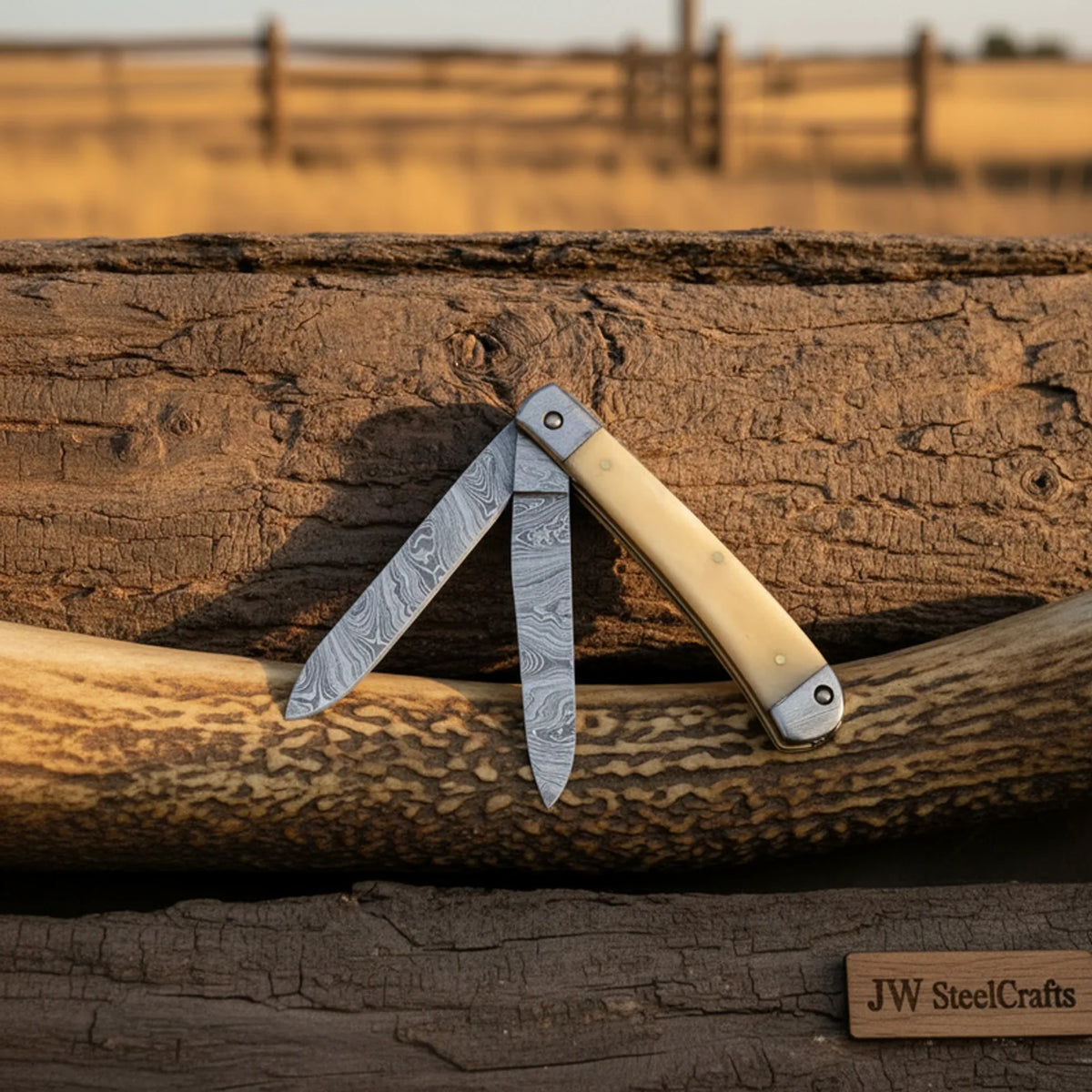 2-Blade Damascus Bone Trapper with Wood-Grain Damascus Blades