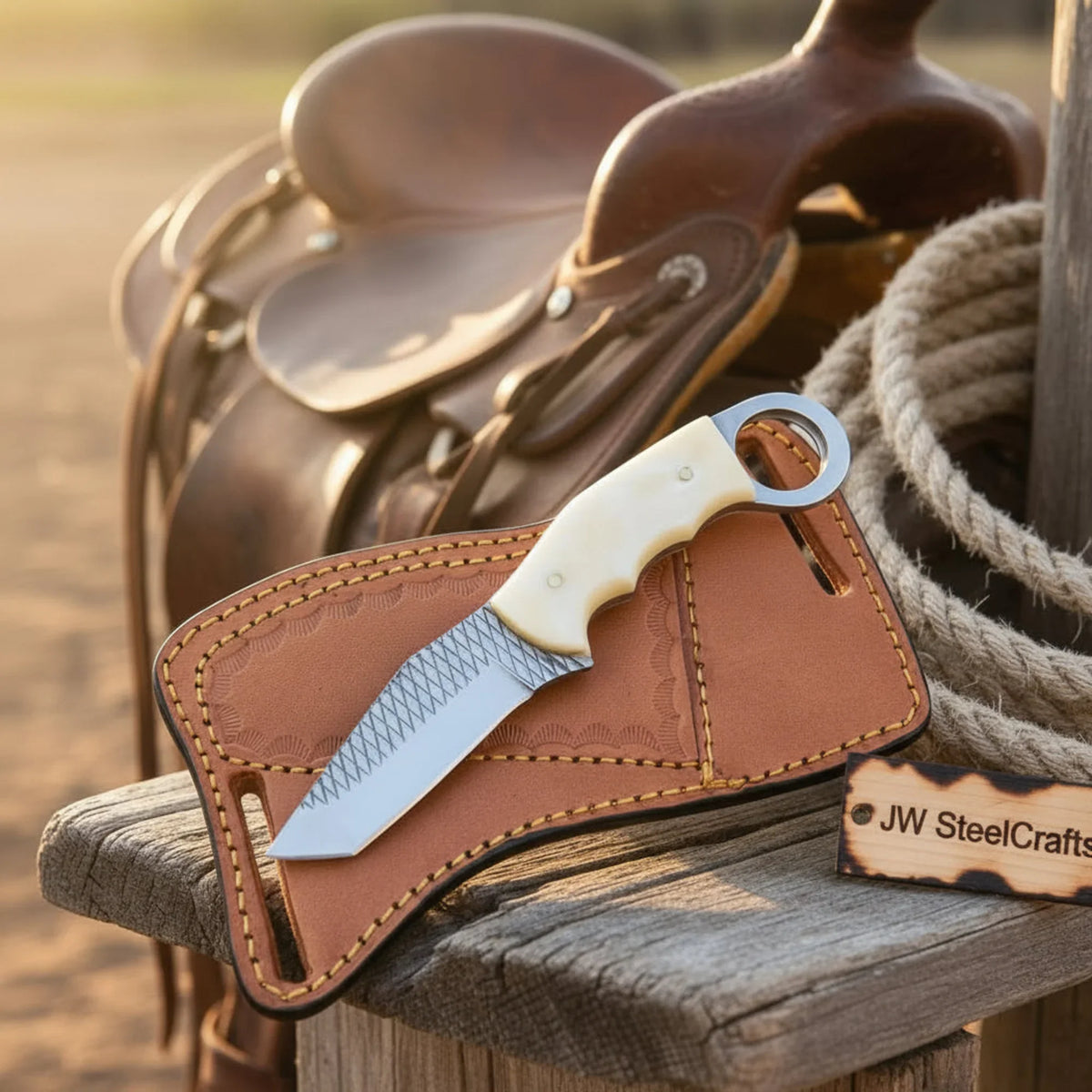 Rasp Steel Ring-Handle Tanto Knife with White Resin Ring Handle and Cross-Draw Sheath
