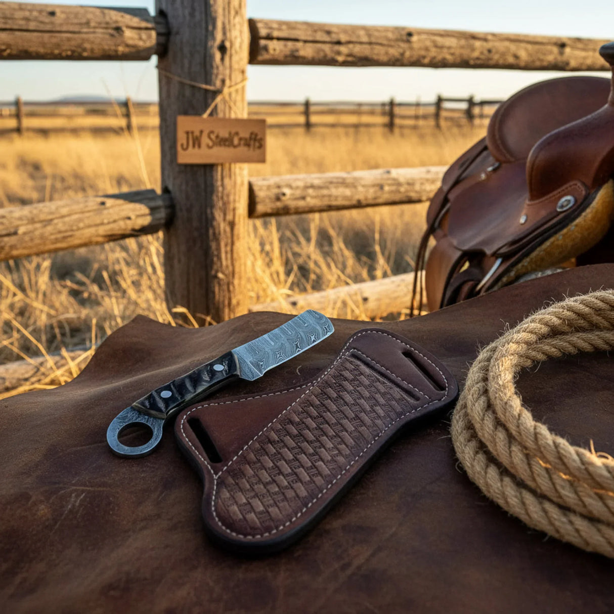 Finger Loop Prairie Bull Cutter 6.5" Handmade Damascus Steel Leather Crossdraw