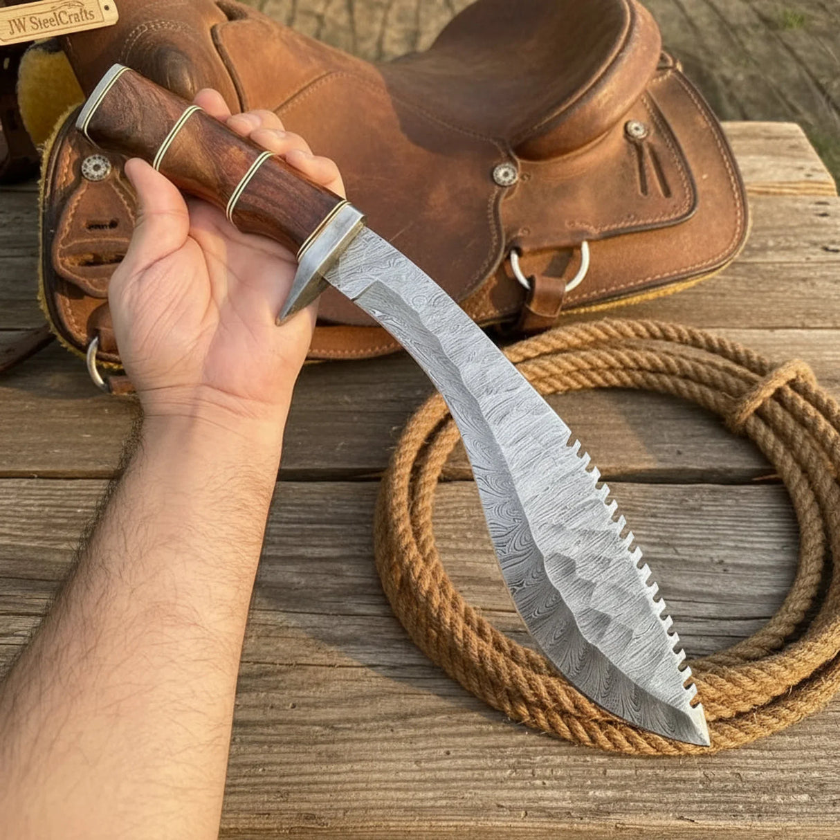 Damascus Sawback Kukri with Forward Curved Blade and Rosewood Handle