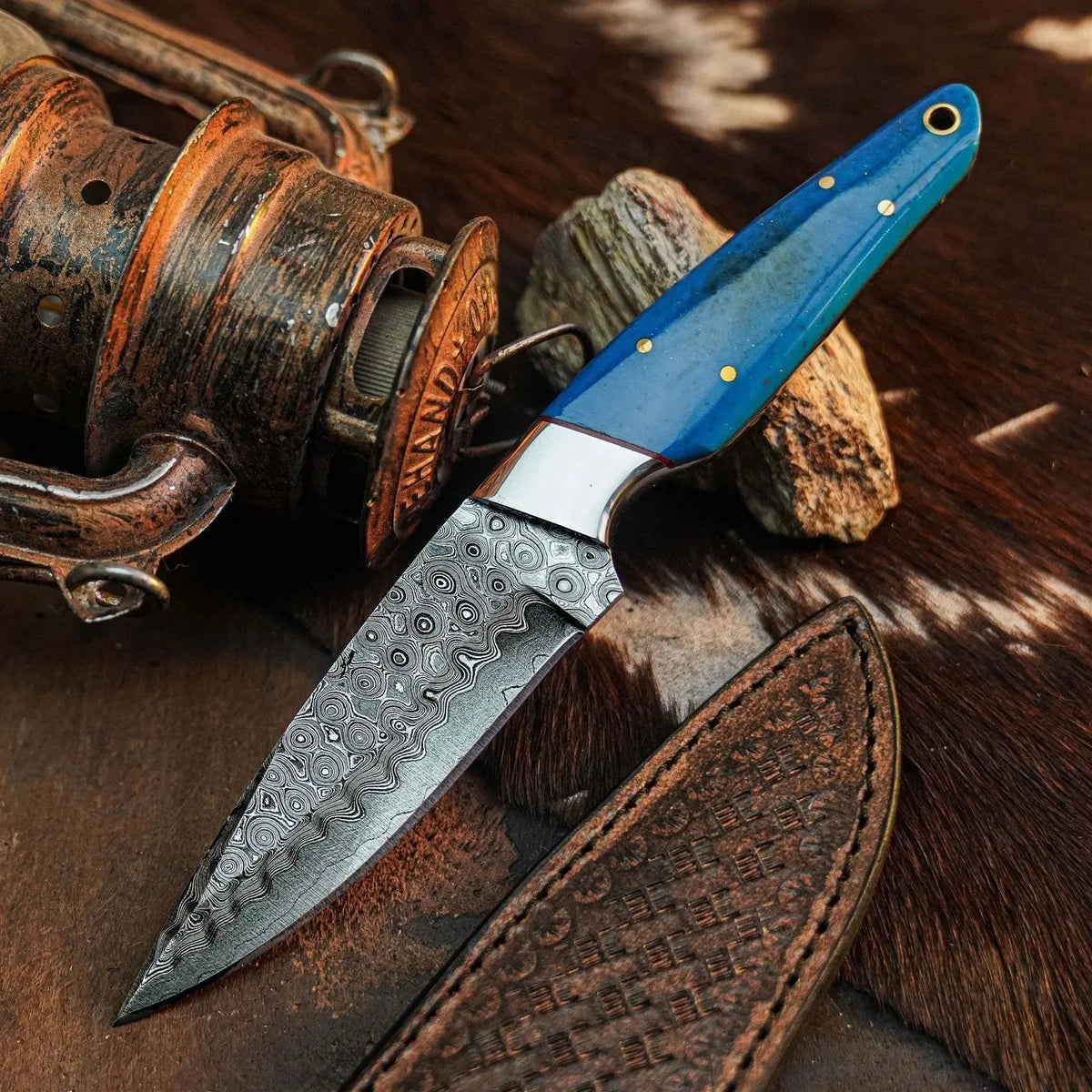 Bluecrest Trail™ Damascus Hunting Knife – Blue Resin Full Tang