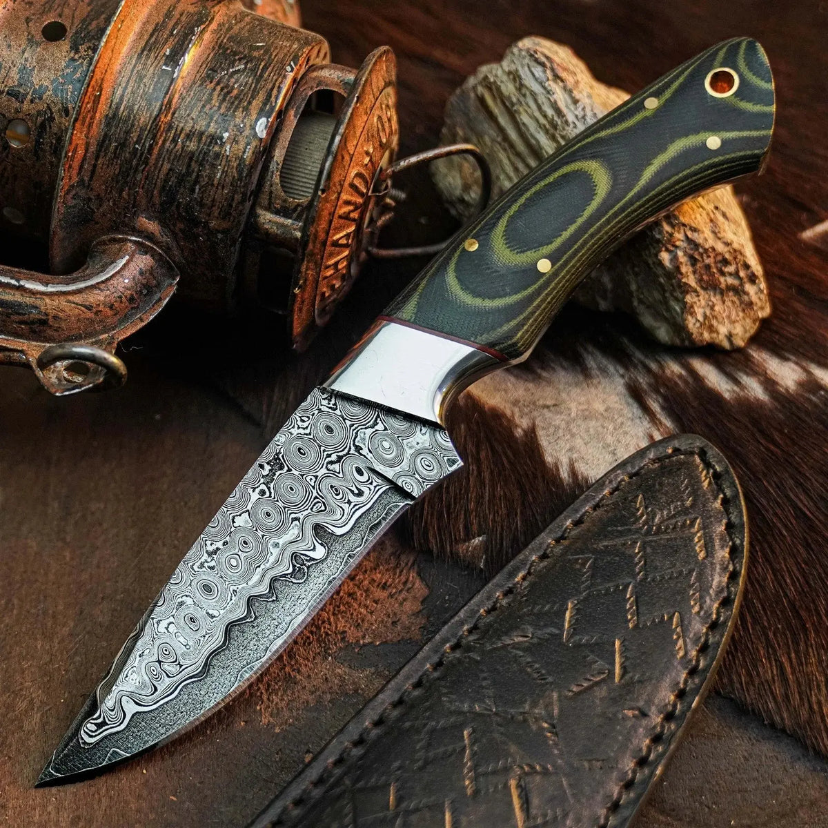 8.3" Handmade Damascus Hunting Knife – Full Tang Micarta Handle
