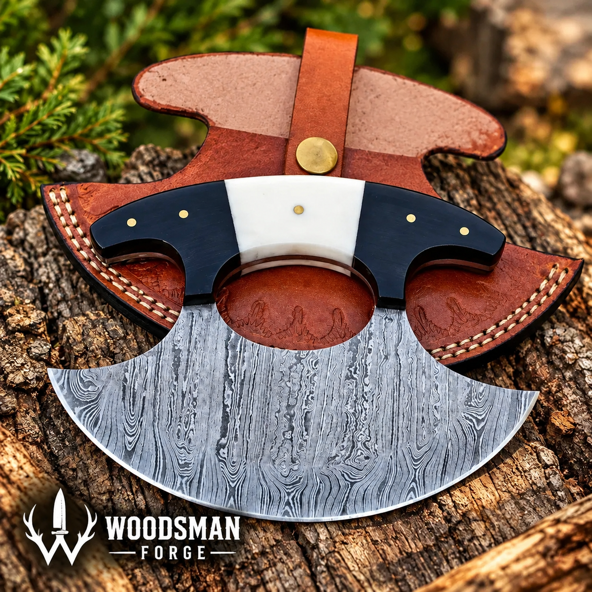 Bonehorn Northcrest™ Damascus Ulu Knife with Camel Bone & Buffalo Horn Handle