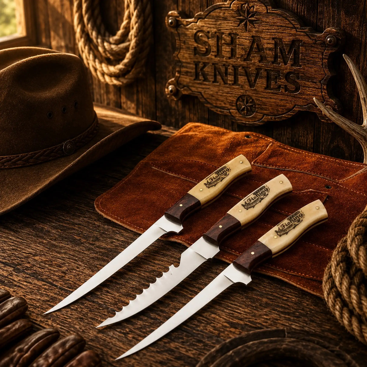 Angler’s Trio 3-Piece 440C Stainless Steel Fillet Knife Set – Bone Handle