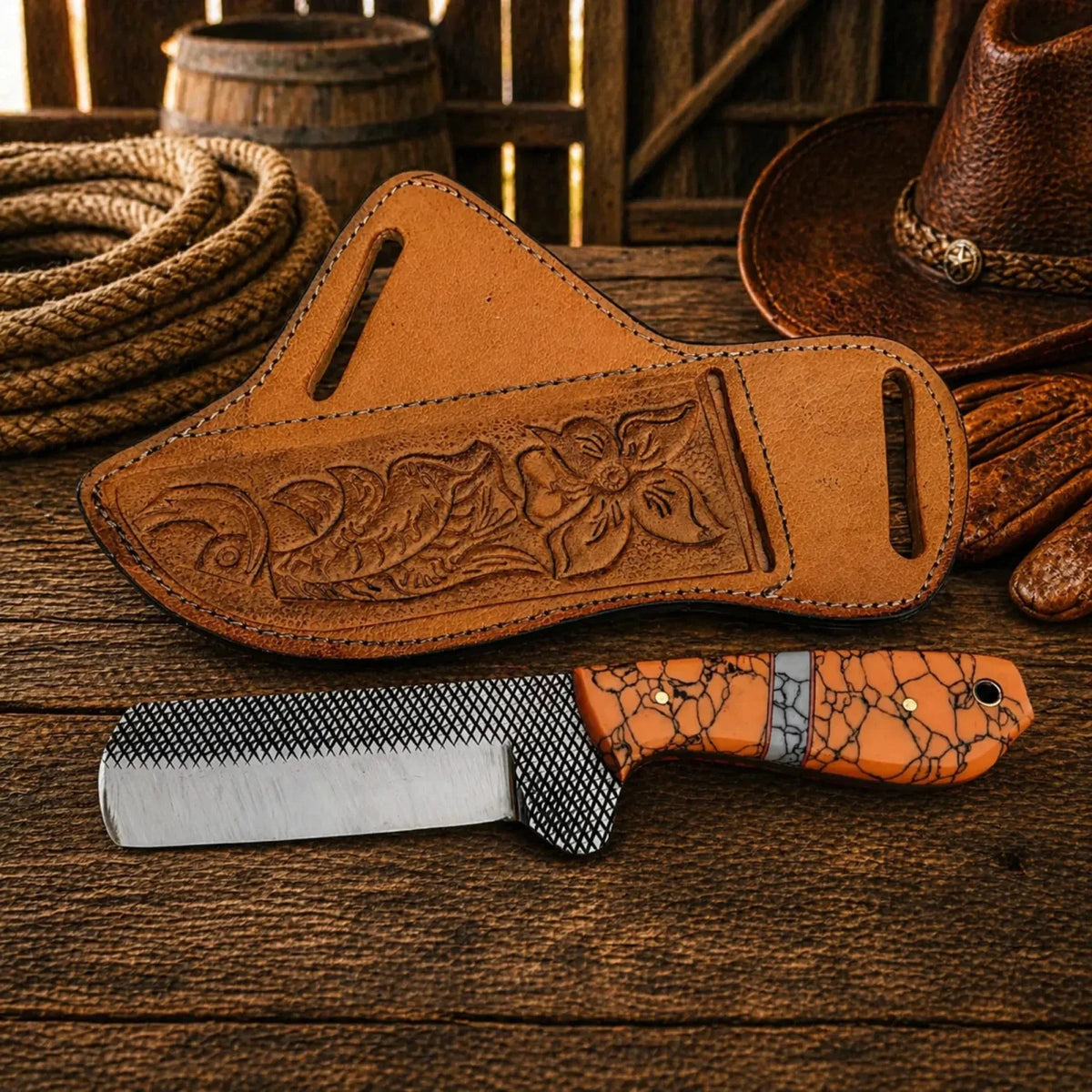 Bullcutter Knife Rasp Steel Blade Turquoise Handle Leather