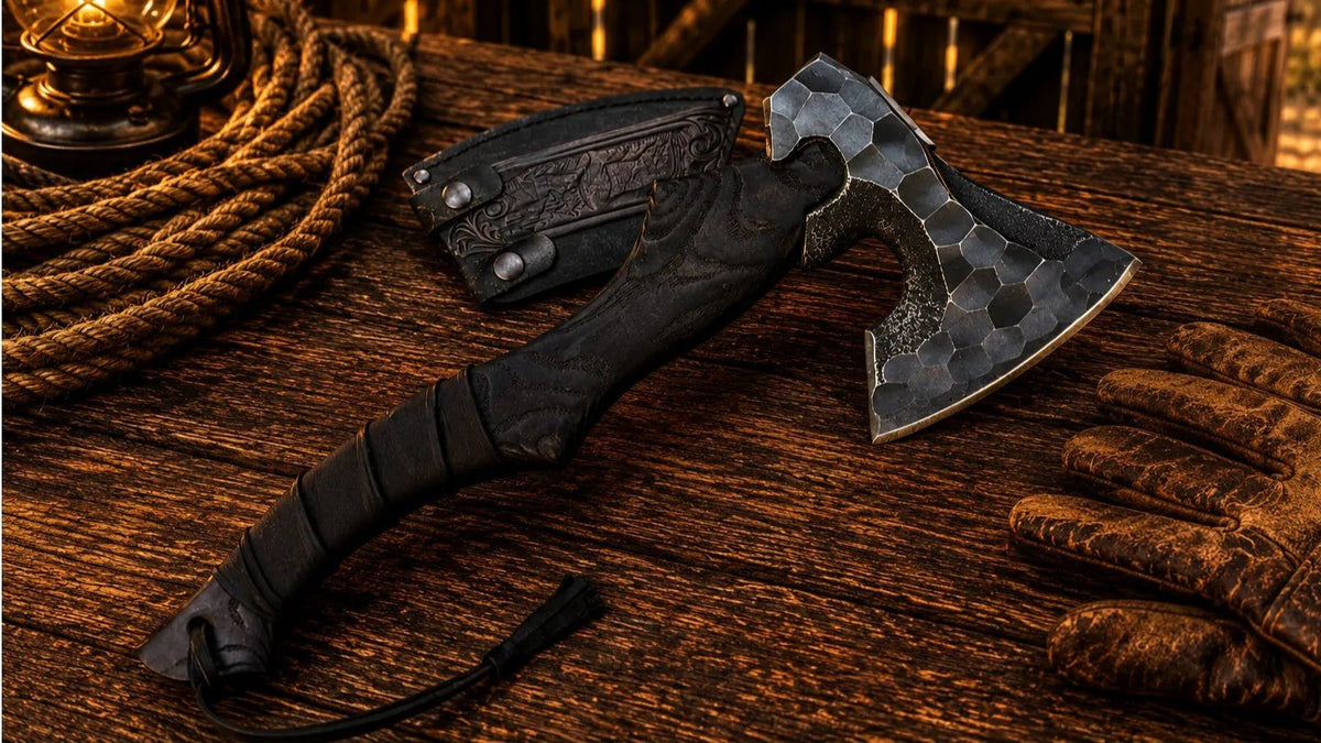 Bushcraft Hatchet D2 Steel Axe with Ash Wood Handle & Sheath