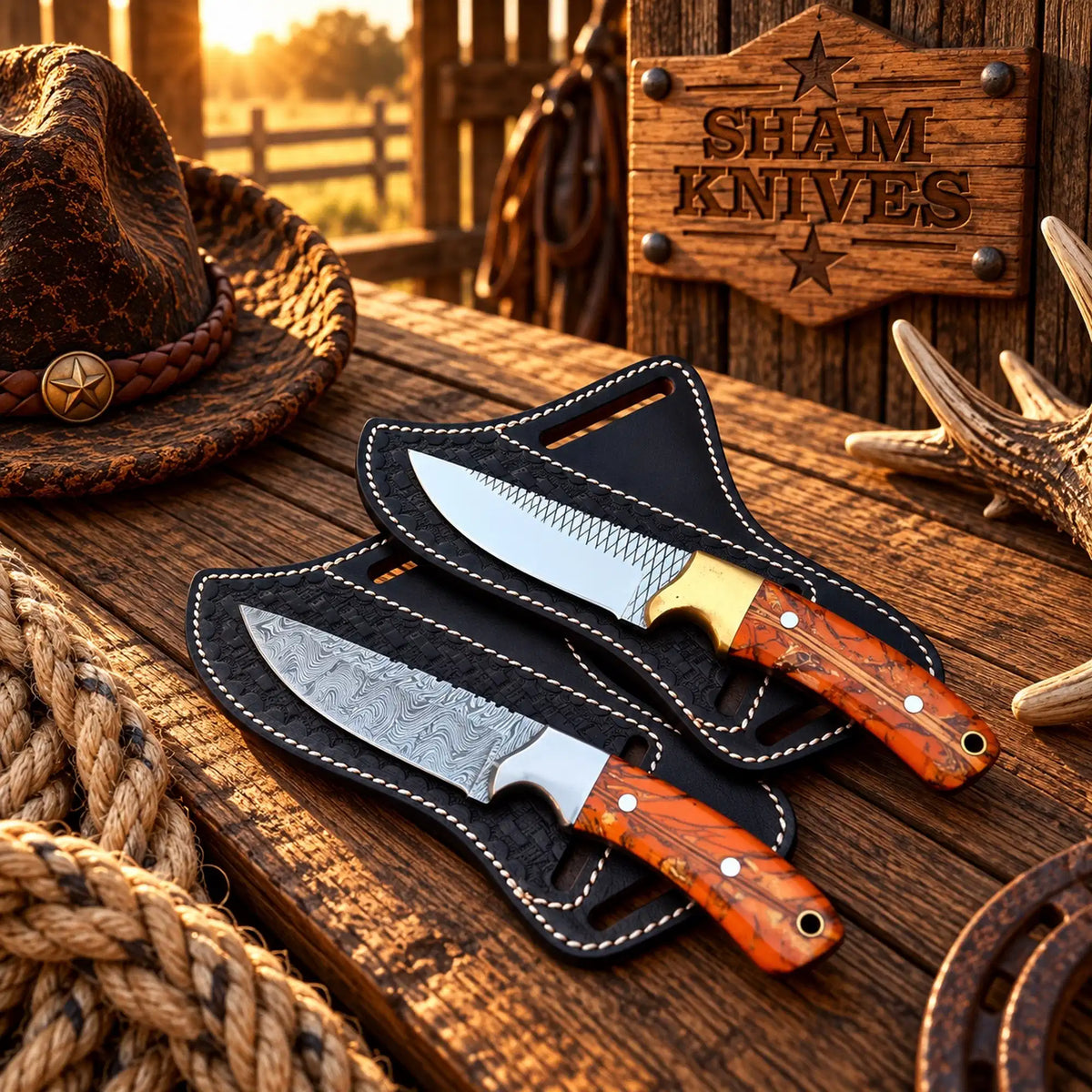 Canyon Fire Cowboy Skinner Set – Rasp & Damascus, Pine Cone Handles