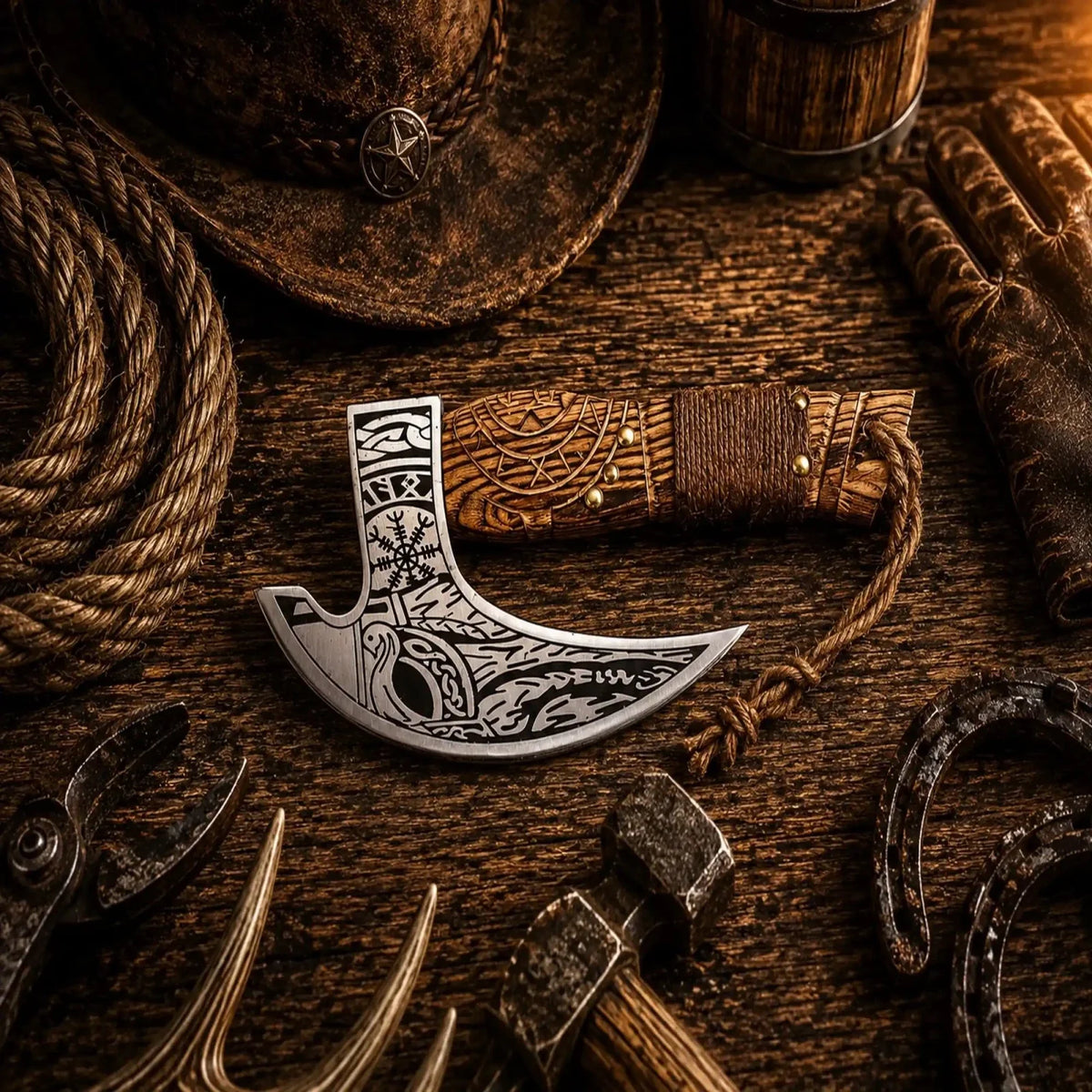 Carved Ash Wood Pizza Axe – D2 Steel Handmade Viking Pizza Cutter