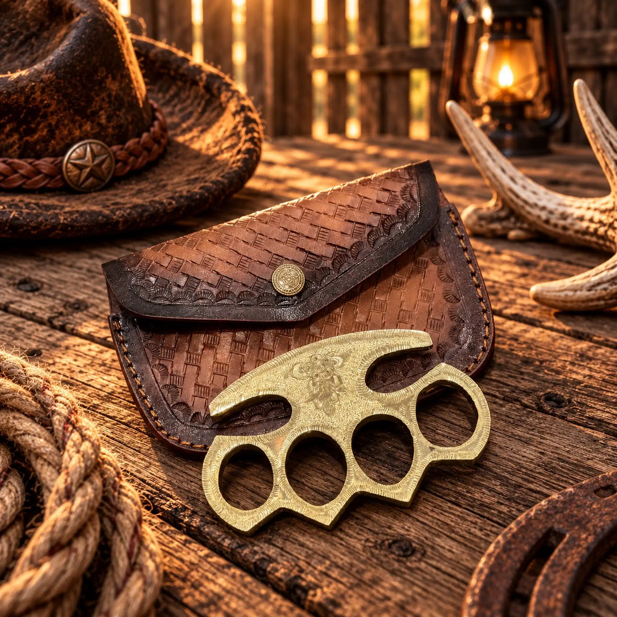 The Celtic Warrior Engraved Brass Knuckles – Vintage-Style Gift with Leather Sheath