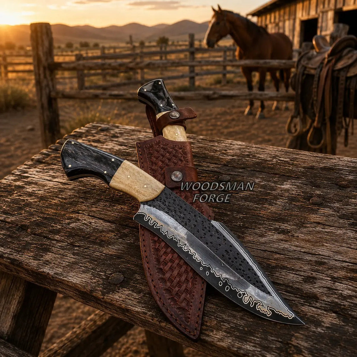 Cinderhorn D2 Bowie Knife – 12" D2 Steel, Camel Bone & Bull Horn