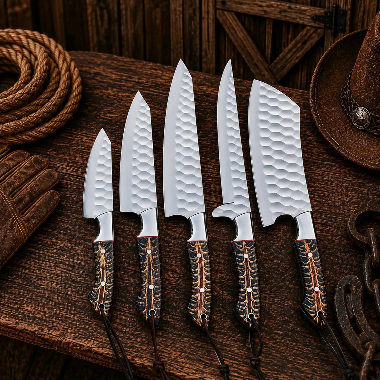 Cone Back Handles D2 Steel Chef Knife Set with Leather Roll Kit