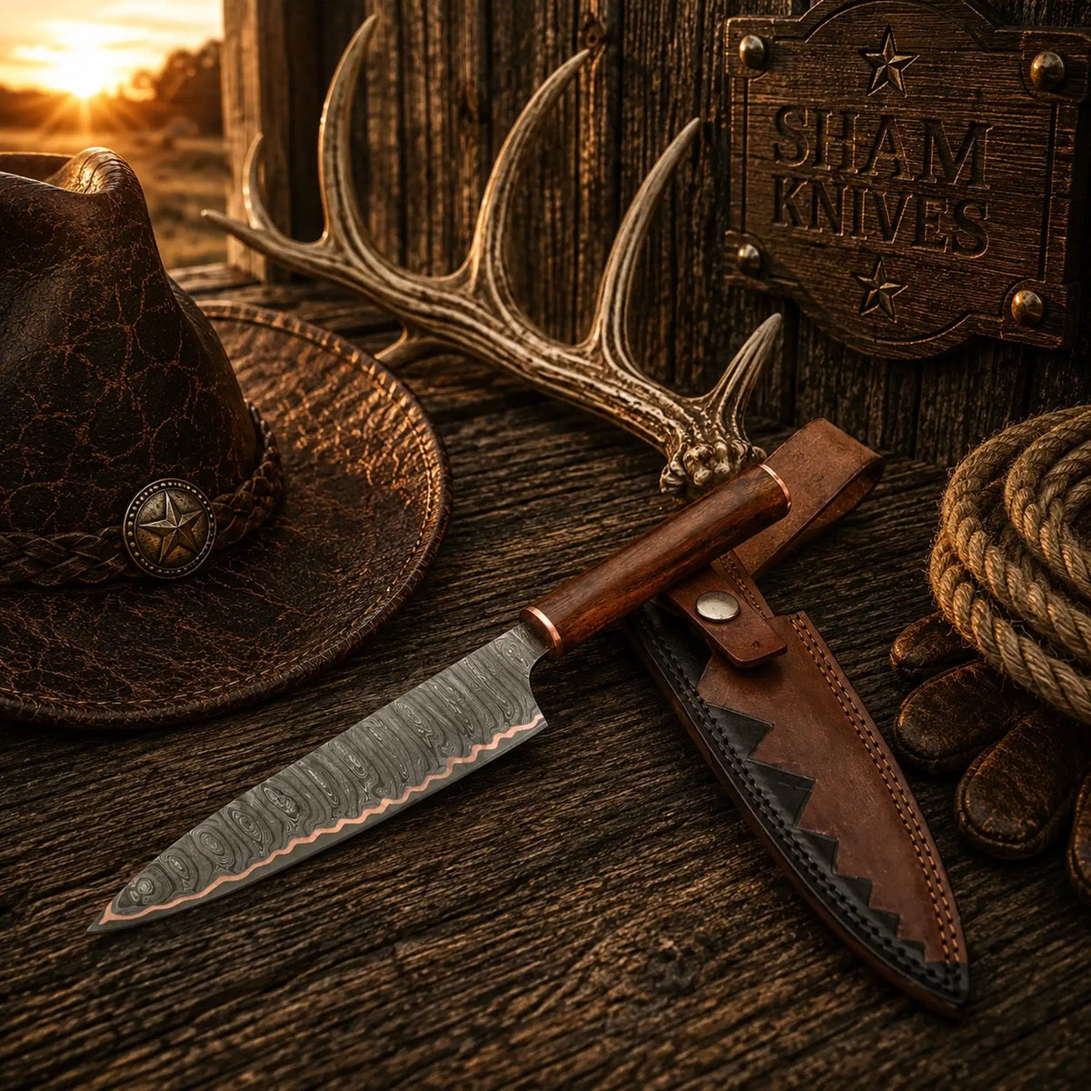 13.5″ Copper Damascus Chef Knife – Rosewood Handle & Sheath