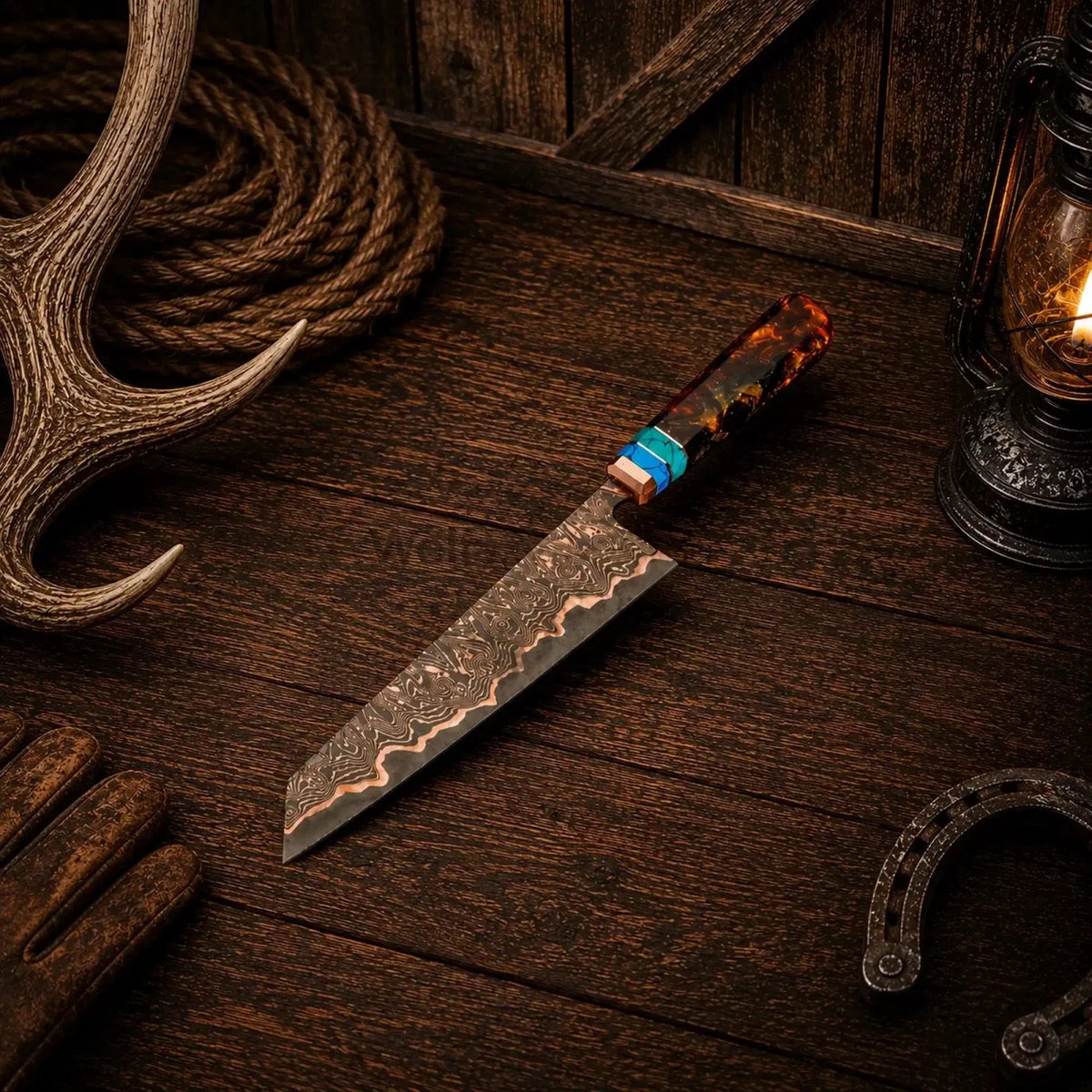Copper Damascus Gyuto Chef Knife – Turquoise Resin Handle