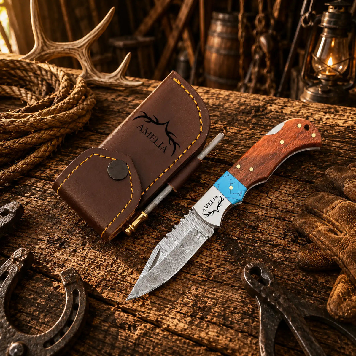 Cowboy Champion Carry Damascus Folding Pocket Knife – Turquoise & Wood Back Lock EDC Knife
