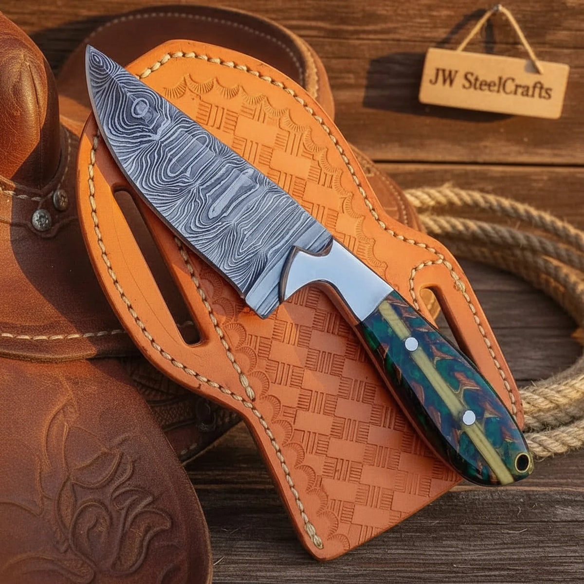 Custom Cowboy Damascus Fixed Blade Knife 7.5" Green Pinecone Handle Steel Bolster Leather Sheath