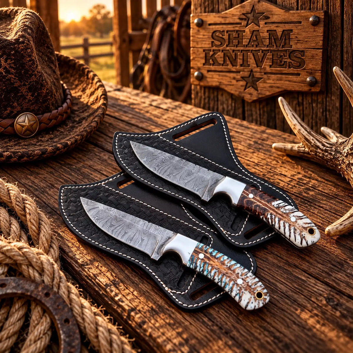 Custom Cowboy Hunting Knife Set – 4” Damascus & Pine Cone Handles