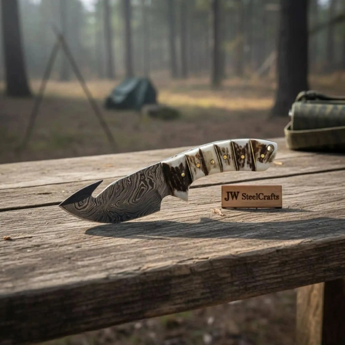 Damascus Steel Skinner Knife w/ Stag Handle and Gut Hook Fixed Blade Knife