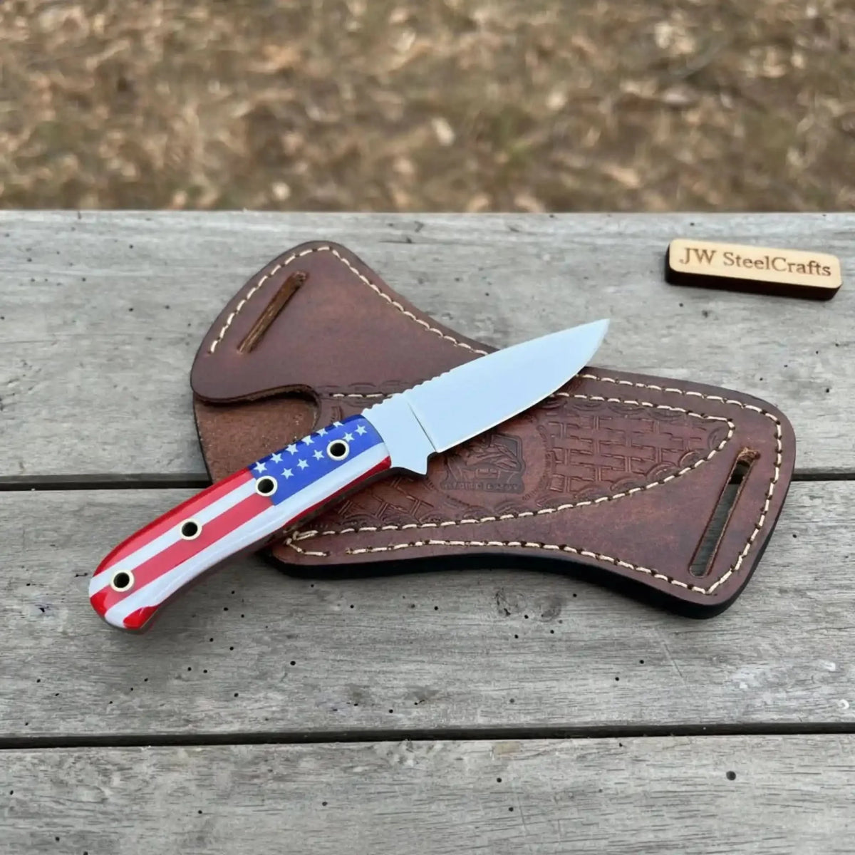 Custom Fixed Blade Knife Drop Point Outdoor EDC with USA Flag Handle and Leather Sheath