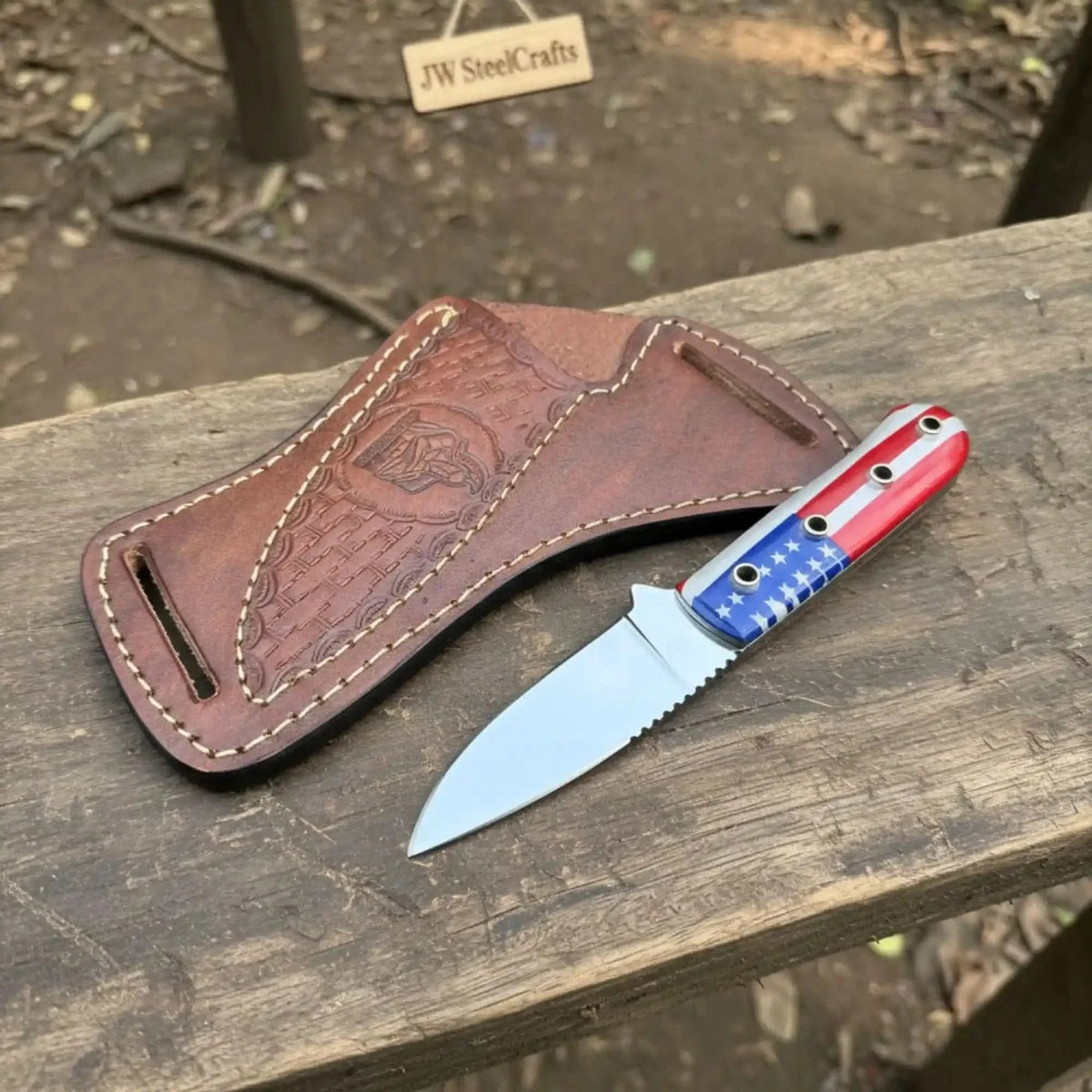 Custom Fixed Blade Knife Drop Point Outdoor EDC with USA Flag Handle and Leather Sheath