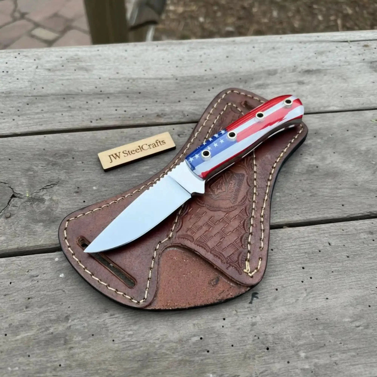 Custom Fixed Blade Knife Drop Point Outdoor EDC with USA Flag Handle and Leather Sheath