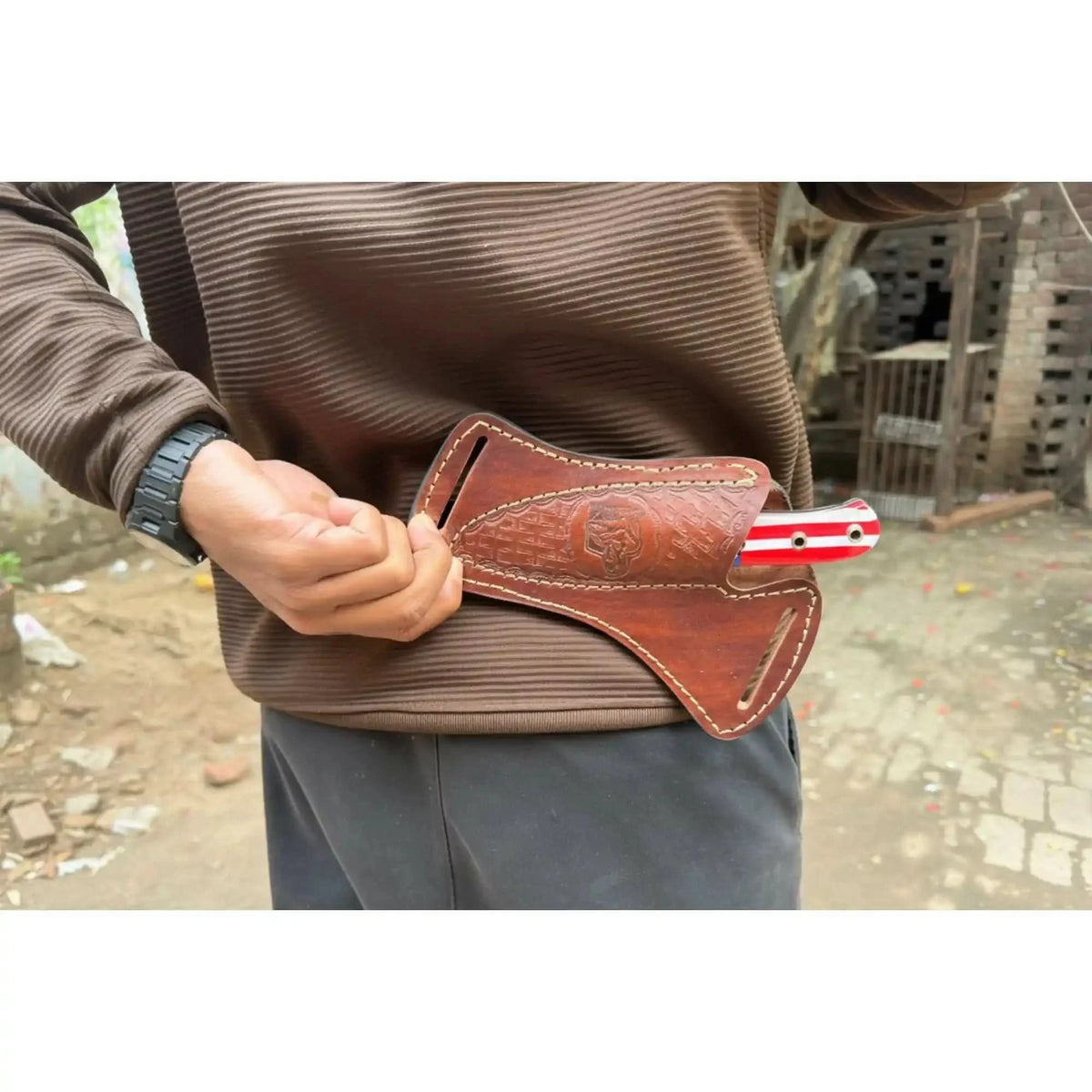 Custom Fixed Blade Knife Drop Point Outdoor EDC with USA Flag Handle and Leather Sheath