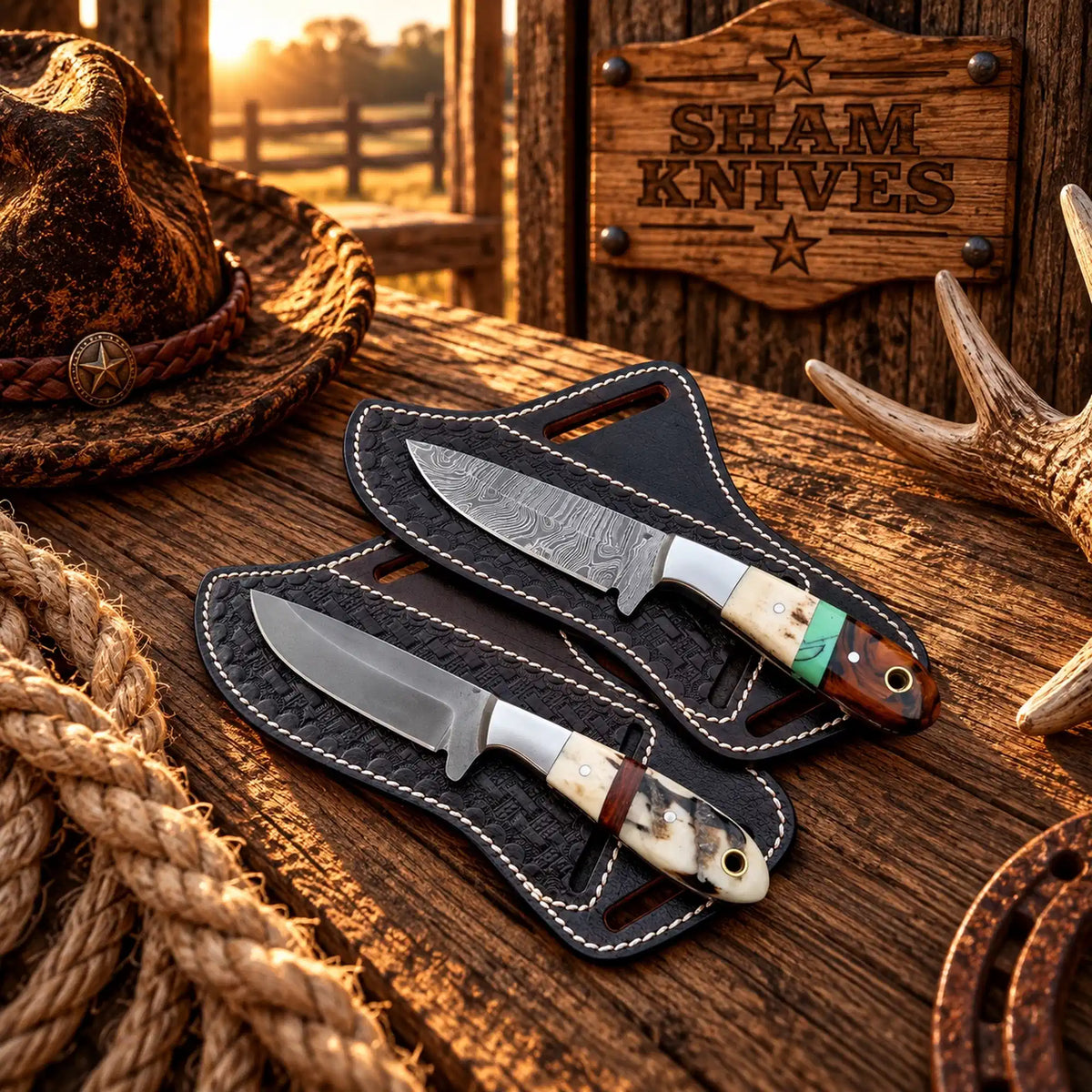 Compact Cowboy Working Knife Pair – D2 & Damascus Steel Blades