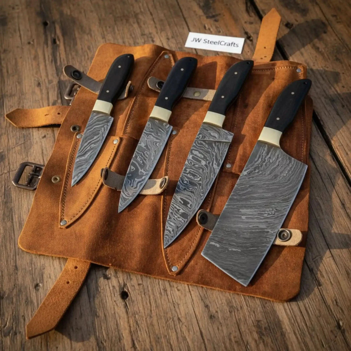 4-Piece Damascus Fire Pattern Chef Knife Set with Black Resin Handles