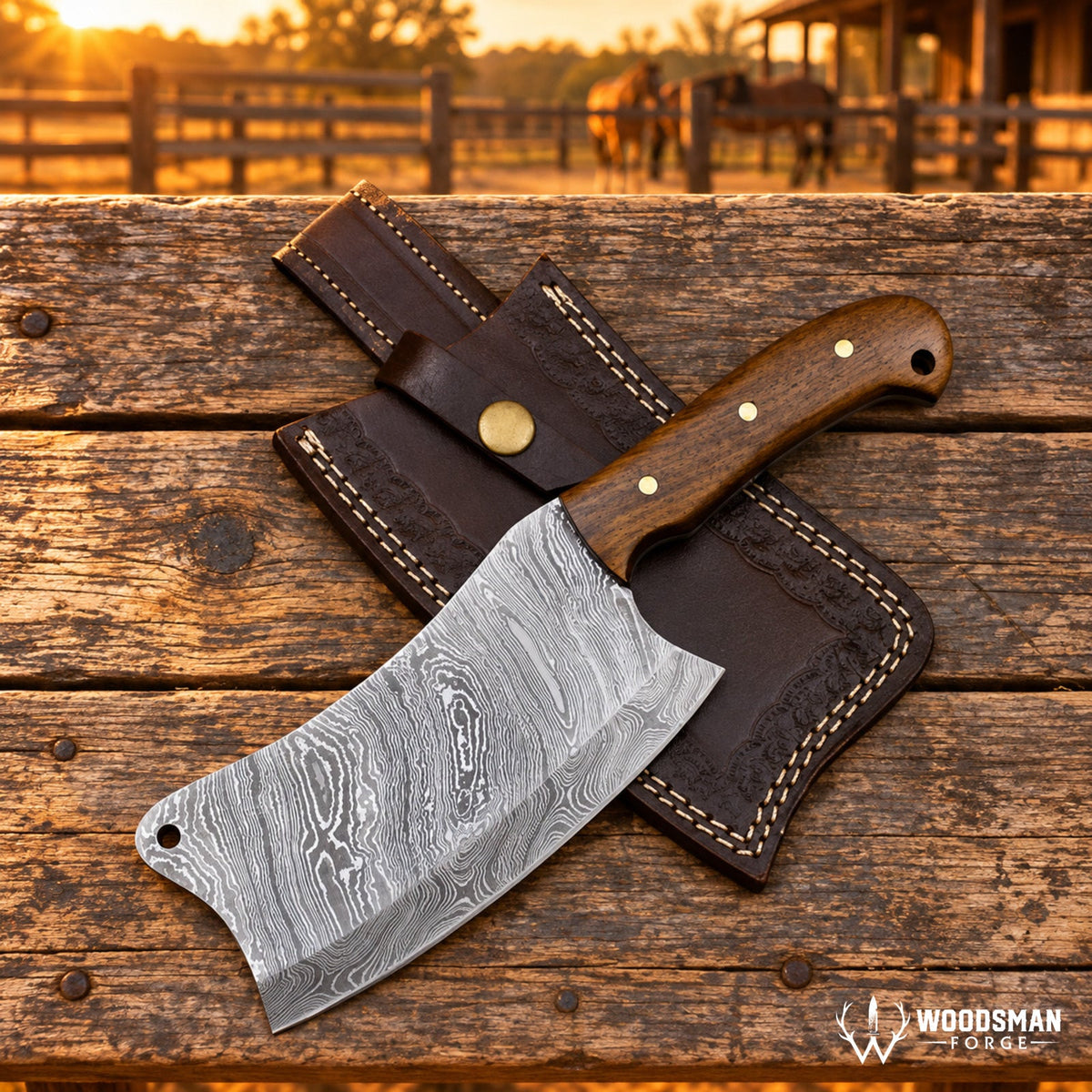 Ashencrest Forgevei Handmade Damascus Cleaver Knife – Walnut Wood Handle Copy Title