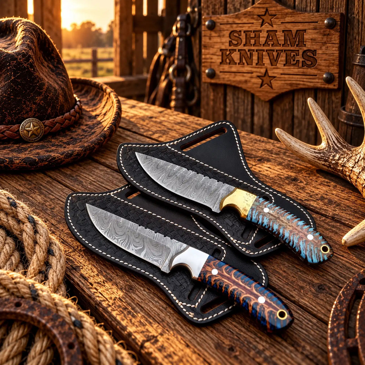 Desert Amethyst Cowboy Knife Duo – Damascus & Pine Cone Handles