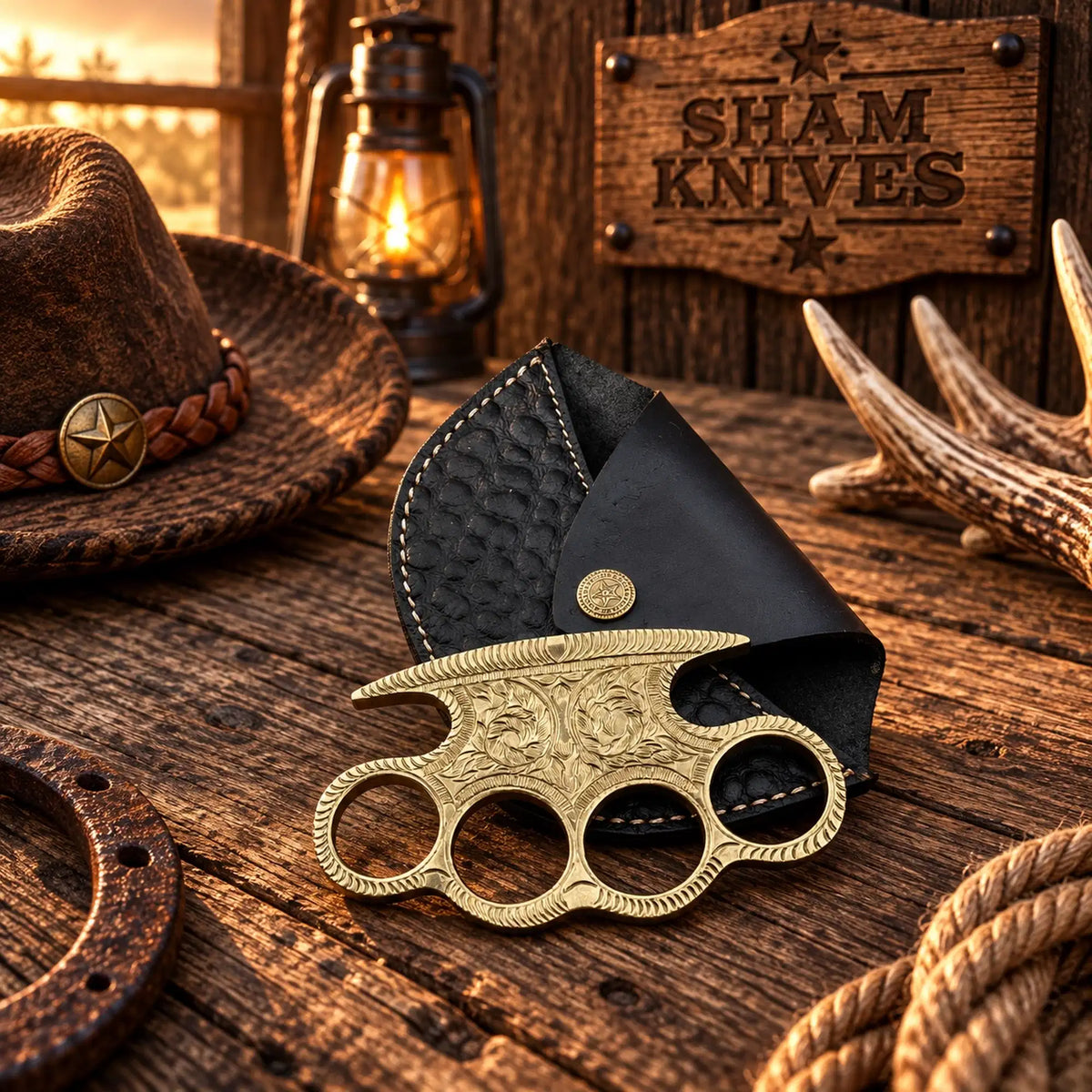 Hand-Tooled Western Engraved Brass Grip with Leather Storage Sheath