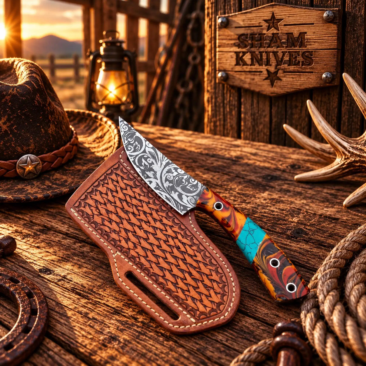 Floral-Etched D2 Cowboy Field Dressing Knife – Resin Handle & Sheath