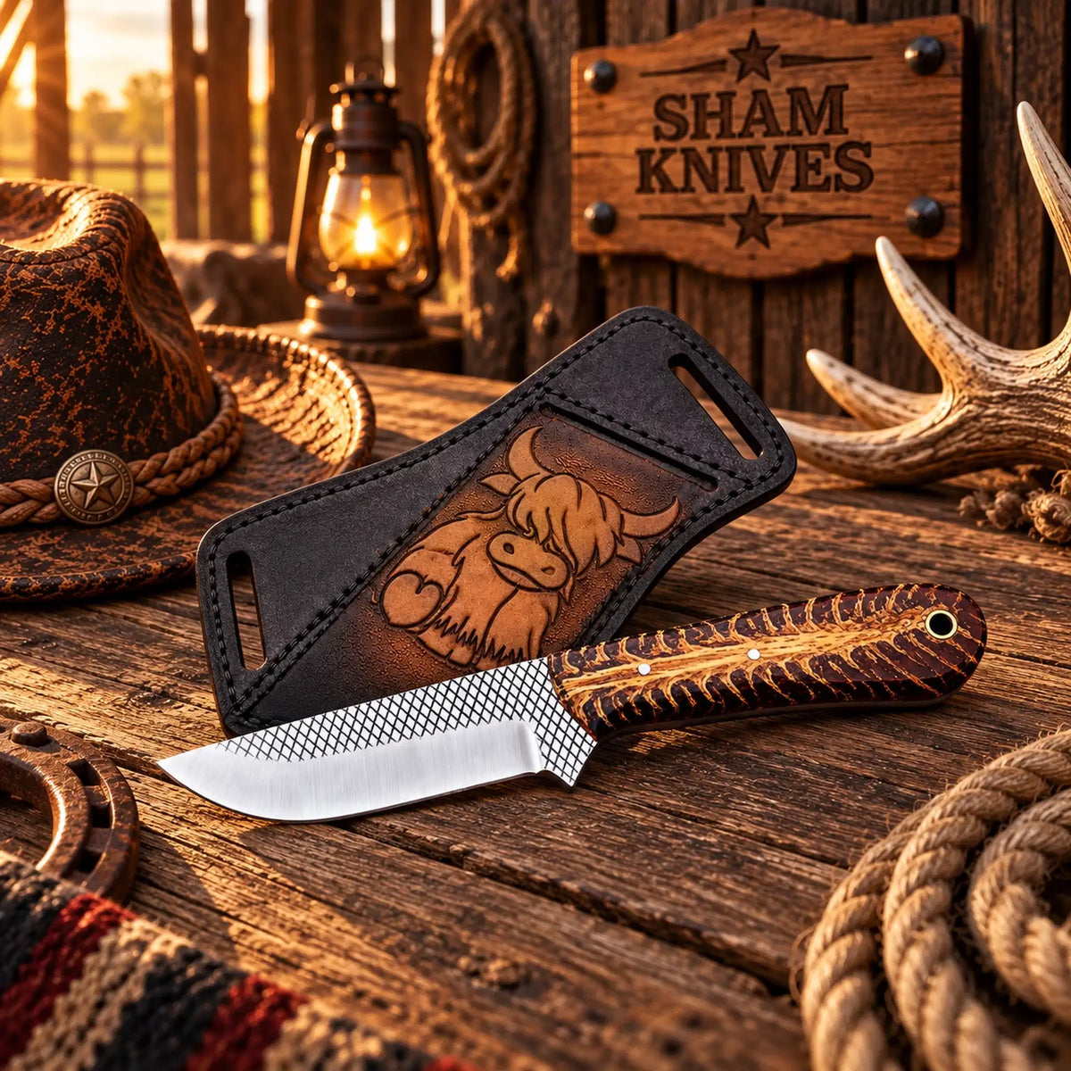 Frontier Scout Rasp Steel Skinning Knife – Pine Cone Handle & Sheath