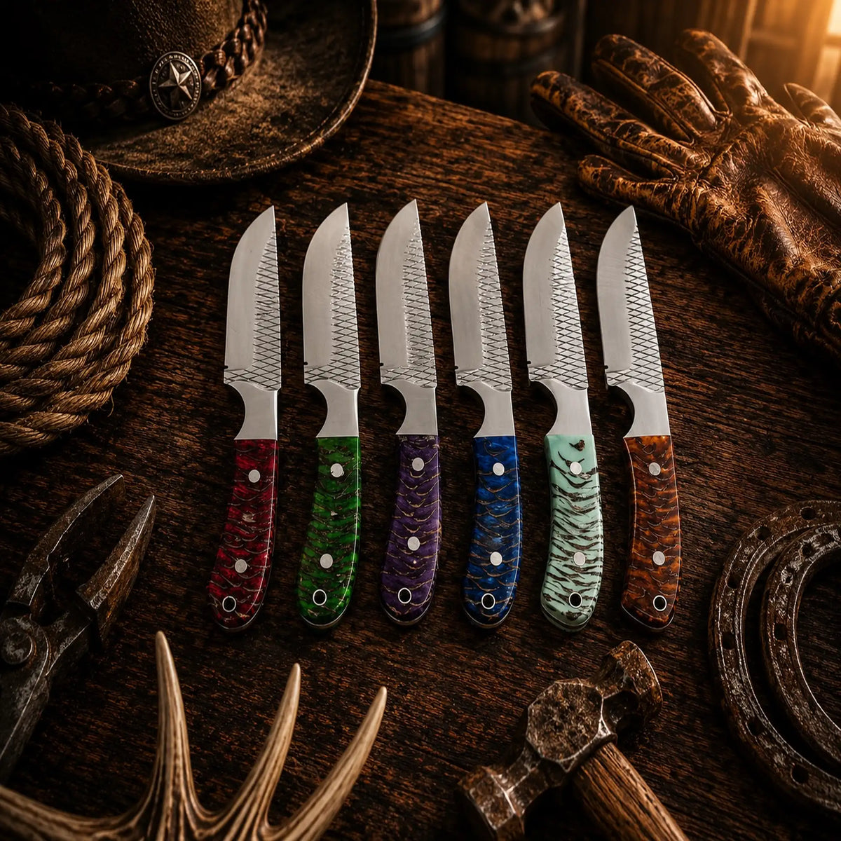 Frontier Collection – 6 Piece Handmade Rasp File Cowboy Hunting Knife Set