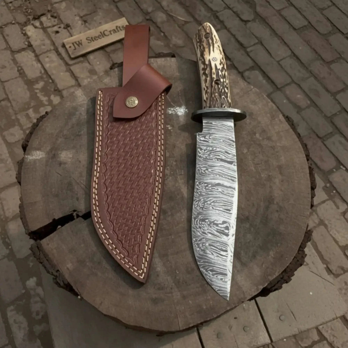 Timberhorn Bowie Blade Handmade 8" Clip Point Hunting Blade with Stag Handle & Leather Sheath