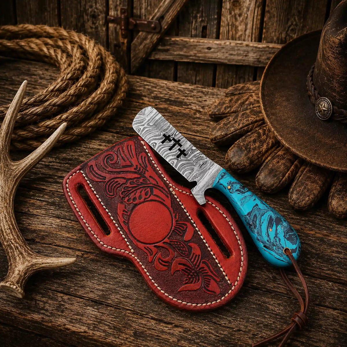 Gift Ready Bull Cutter Knife – 4" Damascus Steel Blade & Epoxy Resin Handle
