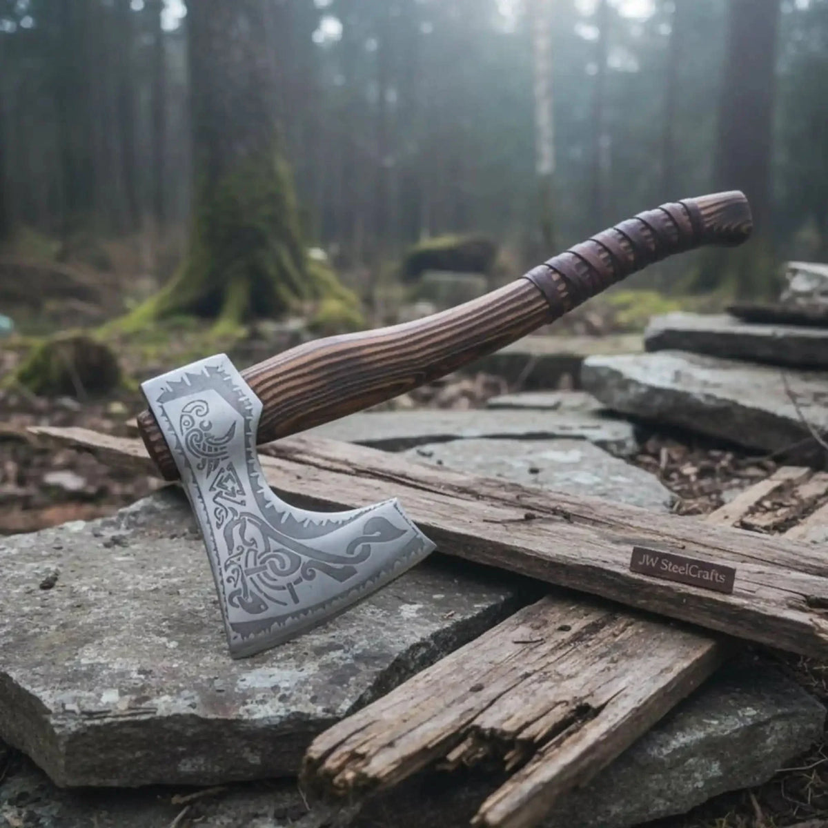 Engraved Carbon Steel Ragnar Axe with Bearded Head