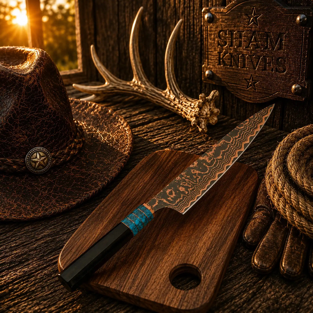 Turquoise Trail 13″ Copper Damascus Gyuto Chef Knife – Resin Handle