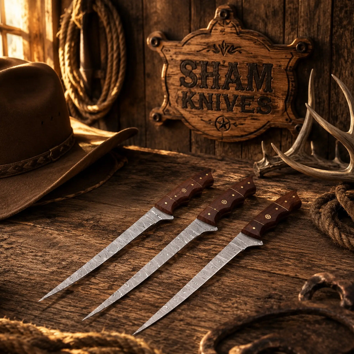Handmade 3-Piece 13″ Damascus Fillet Knife Set – Rosewood Handles