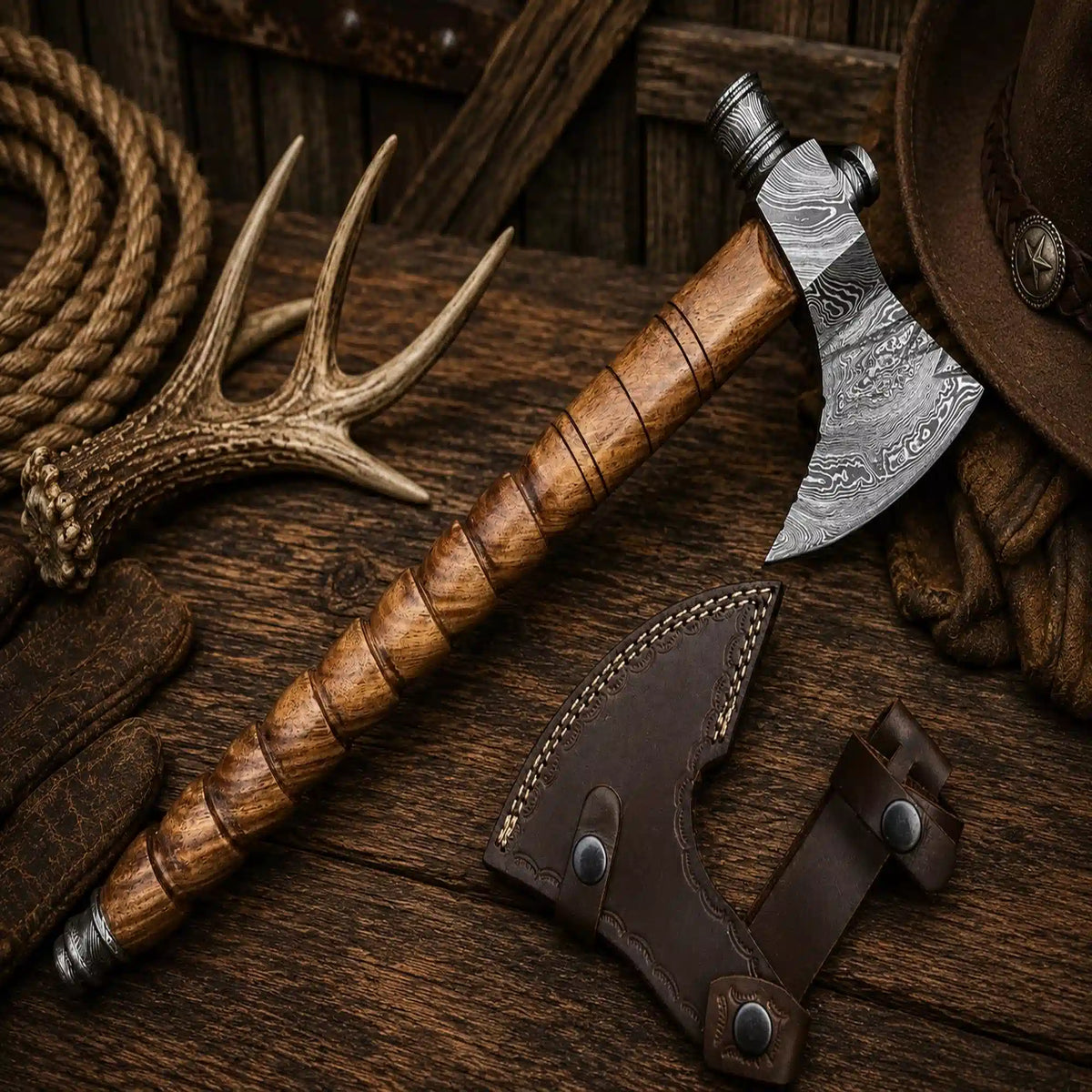 Western Style Smoking Pipe Tomahawk Axe – Handmade Damascus Steel with Rosewood Handle